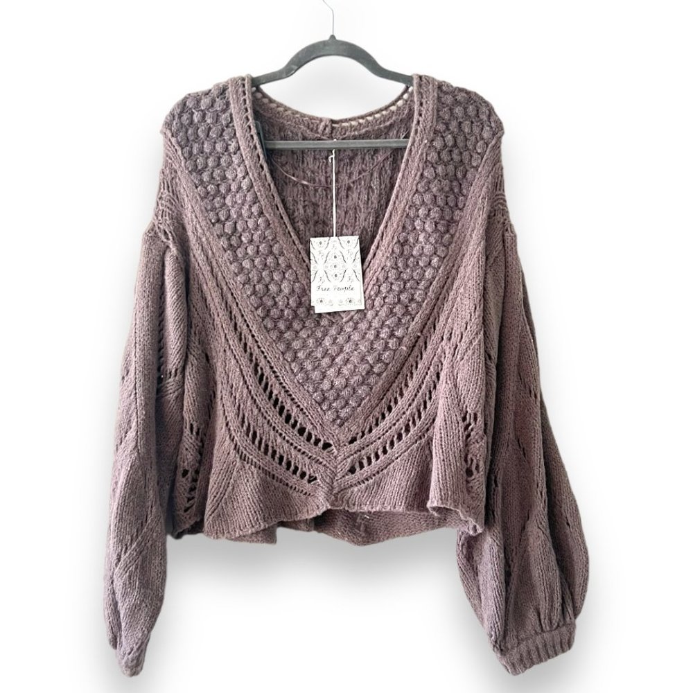 NWT Free People Chunky Knit Cable Puff Sleeves Purple Sweater